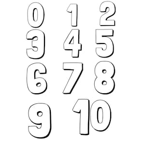 May include: Black and white outline of the numbers 0 through 10. The numbers are in a bold, cartoon-like font.