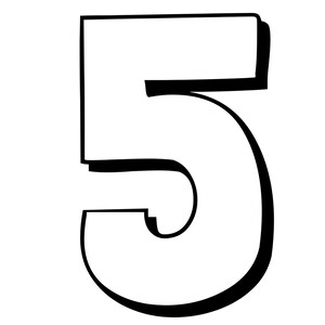 May include: A black and white outline of the number five. The number is drawn in a bold, cartoon style.