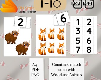 Practice counting 1-10|Counting to 1-10 with Woodland Animals |Count and Match Activity| Kindergarten Homeschoo| instant download PDF PNG A4