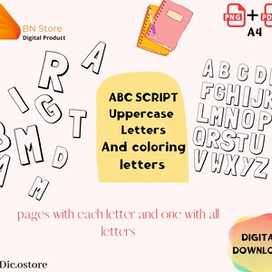 ABC Uppercase Letters Kindergarten Homeschool | Alphabet | coloring letters |pages with each letter and one with all letters | PDF A4 | PNG