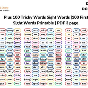 Over 100 Tricky Words |fry Words | Over 100 Fey Sight Words | Sight Words | 100 First Sight Words Printable | PDF 3 pages | instant download