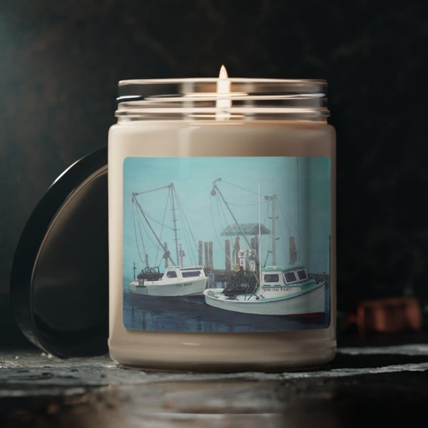 Vegan Soy Candle 9 oz, Five Aromatic Scents, Original Acrylic Artwork, Boat Lovers Nautical Theme Decor, Gift of Serenity, Veterans Donation