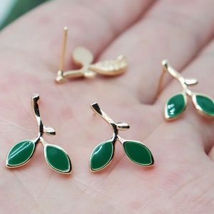 8PCS 14K Gold Filled 925 Silver Needle 16*12mm Small Grass Ear Studs DIY Handmade Earrings Accessories Material with Hanging Rings