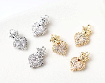 2PCS Dainty Crown Heart CZ Paved Charms, for Jewelry Making Eardrop Findings, DIY Brass 14k Gold Plated Accessories