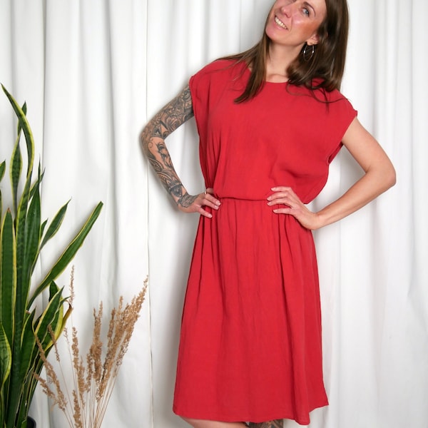 rotes Vintage Kleid, Leinenkleid von Gudrun Sjödén, Gr. 44