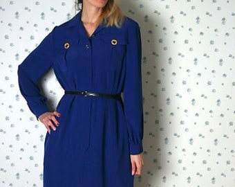 azurblaues, langärmeliges Vintage Kleid, Blusenkleid Gr. 42
