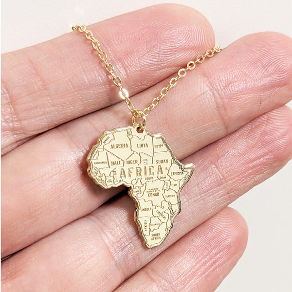 14k Solid Gold Africa Map With Country Name Necklace, Africa Map Necklace, Africa Map With Countries, Gold Africa Necklace for Men and Women