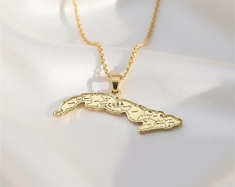 Cuba Map Necklace For Women - Gold Plated Charm Pendant With Black Rope Chain