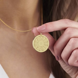 Pisces Gold Necklace, Zodiac Pendant, Gold Zodiac Necklace, Astrology Necklace, Horoscope Necklace, Birth Sign Necklace,Coin Necklace