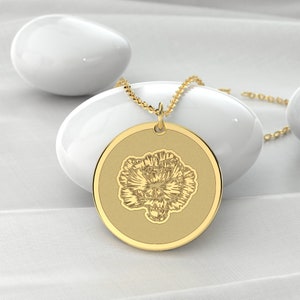 Carnation Flower Necklace, Birth Month Necklace, Birth Flower Jewelry, Birth Month Gift, Gold Disc Necklace, Birth Flower Necklace