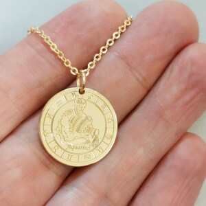 Aquarius Zodiac Necklace, Zodiac Pendant, Gold Zodiac Necklace, Astrology Necklace, Horoscope Necklace, Birth Sign Necklace,Coin Necklace