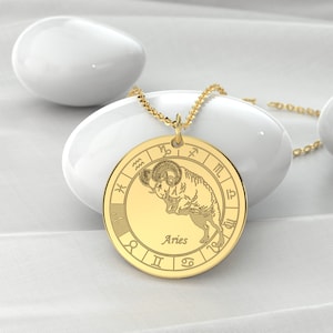 Aries Zodiac Necklace, Zodiac Pendant, Gold Zodiac Necklace, Astrology Necklace, Horoscope Necklace, Birth Sign Necklace, Coin Necklace