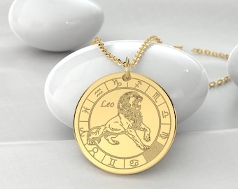 Leo Zodiac Necklace, Zodiac Pendant, Gold Zodiac Necklace, Astrology Necklace, Horoscope Necklace, Birth Sign Necklace, Coin Necklace