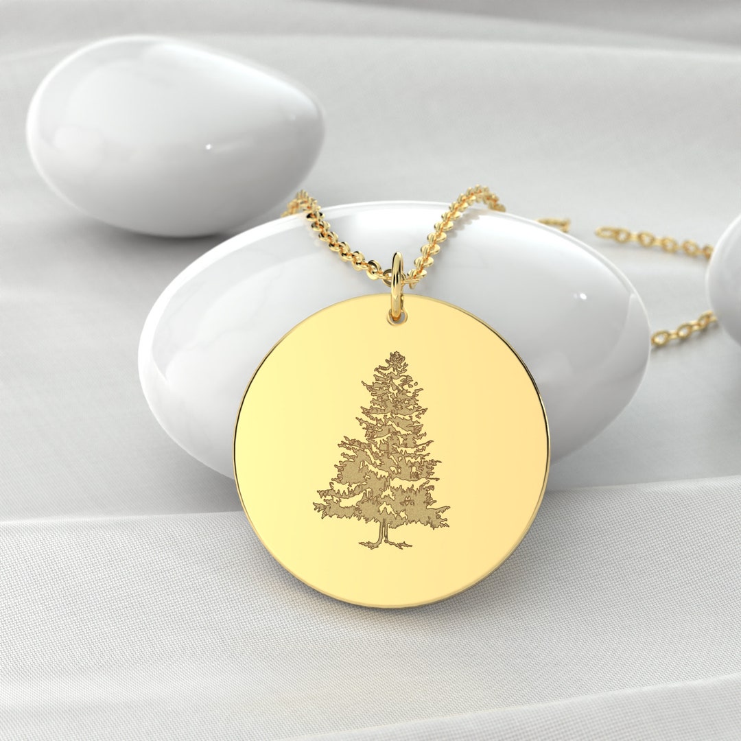14k Pure Solid Gold Tree Necklace, Personalized Evergreen Tree Necklace