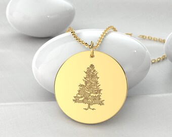 14k Pure Solid Gold Tree Necklace, Personalized Evergreen Tree Necklace, Evergreen Forest Necklace,  Gold Disc Necklace, Pine Tree Necklace