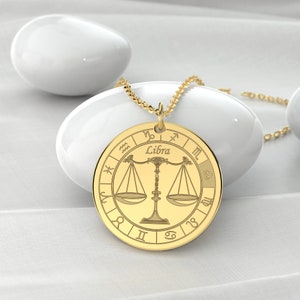 Libra Zodiac Necklace, Zodiac Pendant, Gold Zodiac Necklace, Astrology Necklace, Horoscope Necklace, Birth Sign Necklace, Coin Necklace