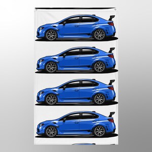 May include: A blue car banner featuring four stylized illustrations of a blue sports car with black accents and a rear spoiler. The car has black wheels and is set against a white background.