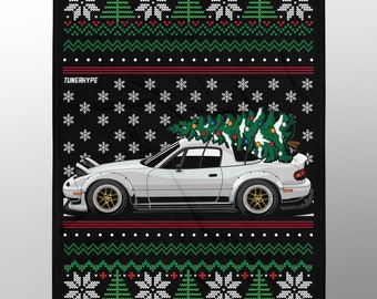 May include: Black blanket with a white car carrying a Christmas tree. The blanket has a festive design with snowflakes, Christmas trees, and red and green accents. The text "TUNERHYPE" is visible.