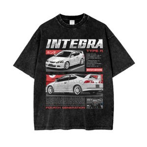 May include: Black t-shirt with a graphic of a white Integra Type R car. The shirt features the text "INTEGRA TYPE R" and "FOURTH GENERATION" in white. Additional text and car specifications are also visible.