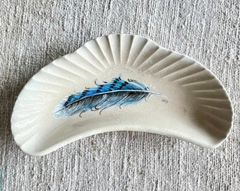 Hand painted antique ironstone bone dish with blue feather