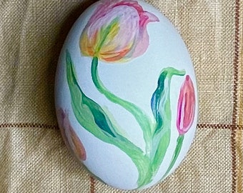 Hand painted ceramic Easter egg with pink and peach tulips