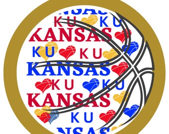 May include: A gold circle with a basketball inside. The basketball has the words "KU KANSAS" repeated around it with red hearts and basketballs in between the words.