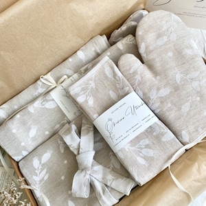 Premium Kitchen Gift Box of Jacquard Tea Towels Natural Linen Kitchen Set Farmhouse Matching Gift Box Jacquard Kitchen Linens Matching Set