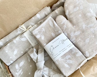 Premium Kitchen Gift Box of Jacquard Tea Towels Natural Linen Kitchen Set Farmhouse Matching Gift Box Jacquard Kitchen Linens Matching Set