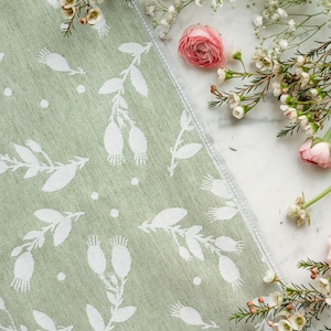 Tissu Jacquard floral vert olive : matériau tissé lin coton