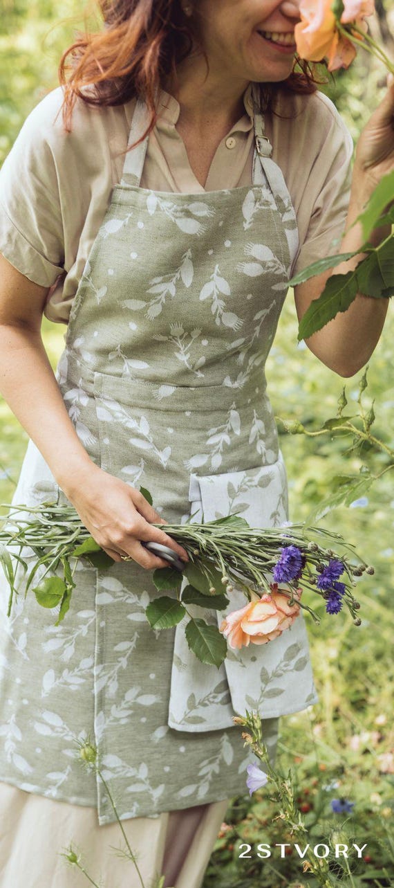 Floral Leinen Baumwolle Küchenschürze: Eleganter Jacquard Damen Schürze