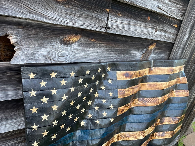 Thin Blue Line Wooden Flag Wall Decor Wavy Edition Etsy