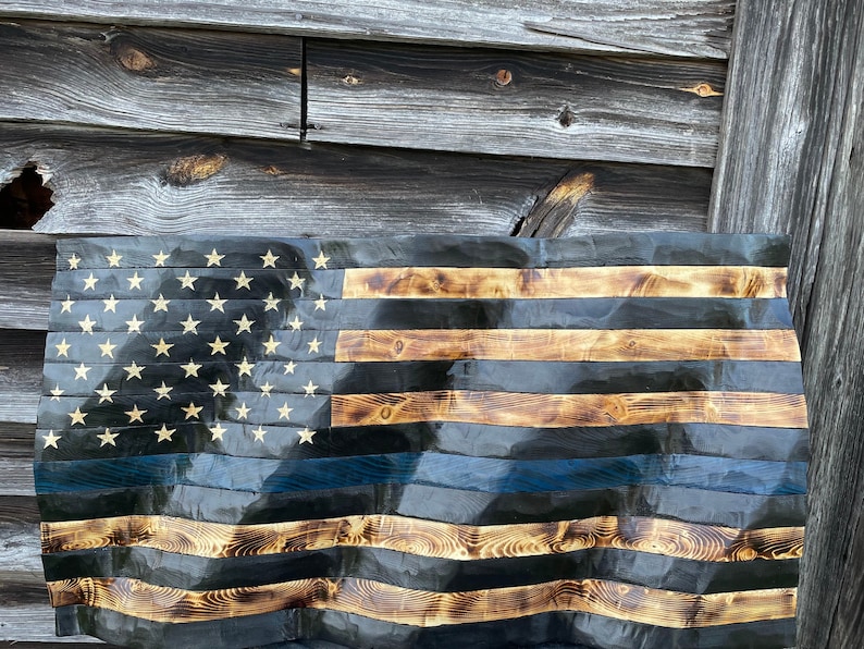 Thin Blue Line Wooden Flag Wall Decor Wavy Edition Etsy