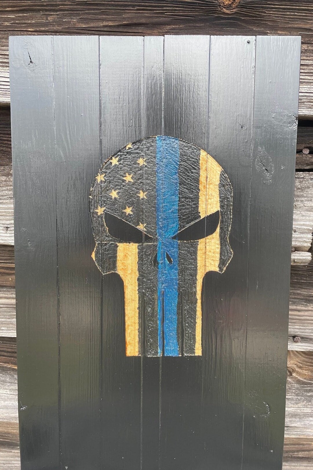 Skull With Thin Blue Line Wooden Flag Wall Art Etsy