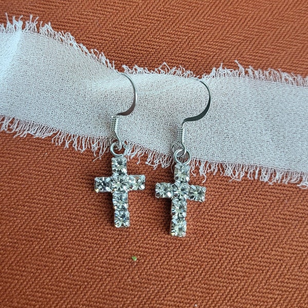 Rhinestone Cross Drop Earrings for Women Girls, Rhinestone Cross Earrings, Silver Cross Earrings, Cross Earrings, Religious Earrings,