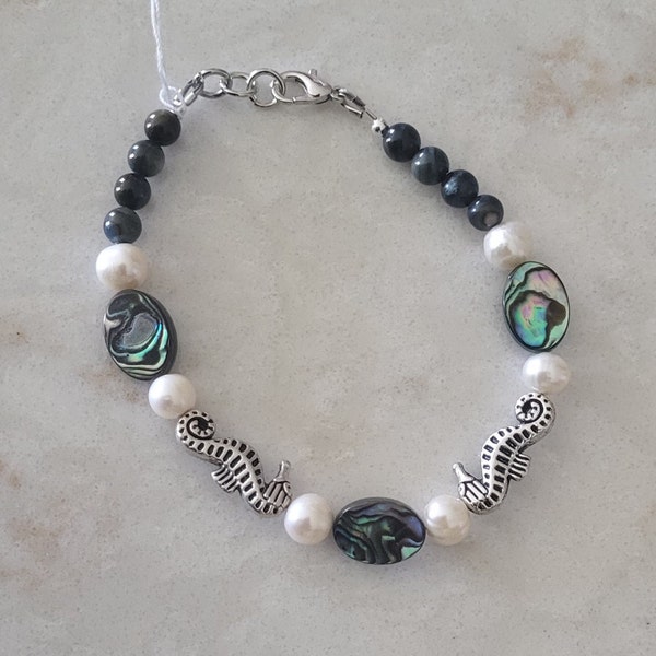 Paua Shell/Abalone Pearl Sea Horse Bracelet, Paua Shell Abalone Bracelet, Sea Horse Bracelet, Pearl Bracelet, Handmade Beaded Bracelet