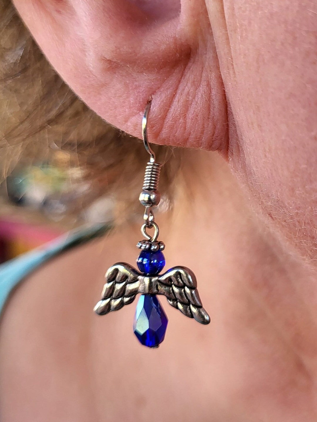 Beaded Angel Drop Earrings With Colored Skirt and Silver Wings, Angel ...