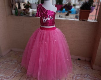 barbie, vestido de barbie, disfraz de barbie, vestido de niña, vestido de niña de flores de tul rosa, cumpleaños de princesa, vestido de fiesta, regalo para niñas, niña de flores