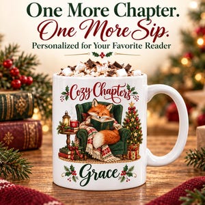 Personalized Book Lover Christmas Mug with Name, Cozy Chapters Fox Hot Cocoa Cup, Reader Gift, 330 ml