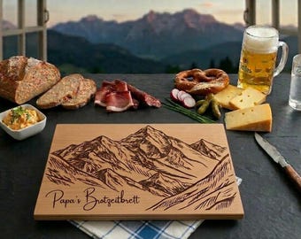 Breakfast board engraved snack board made of acacia wood personalized gift idea for birthday Father's Day camping mountains deer pretzel