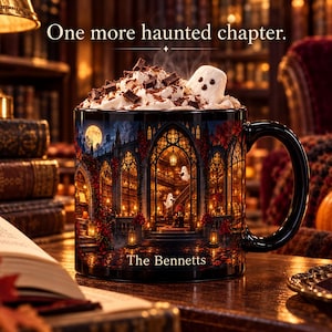 May include: A black ceramic mug filled with whipped cream, chocolate shavings, and a ghost-shaped marshmallow. The mug features a gothic library illustration with ghosts, a full moon, and the personalized text The Bennetts printed at the base.