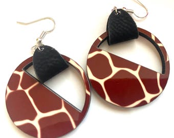 Animal Pattern Earrings | Handmade hearts Statement Earrings | Wood Earrings | 1 1/3"