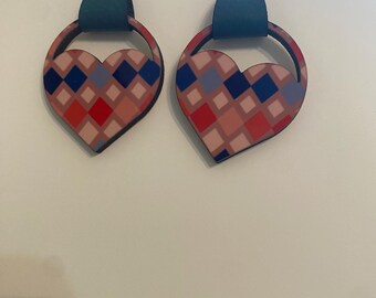 Heart Dangle Pattern Earrings | Handmade hearts Statement Earrings | Wood Earrings | 1 1/3"