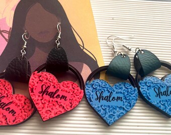 A set of Heart Shalom Earrings | Handmade hearts Statement Earrings | Wood Earrings | 1 1/3" - 2 pair ( pink and blue)