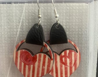 Love Heart Dangle Earrings | Handmade Black & Red Statement Earrings | Valentine's Day Wood Earrings | 1 1/3" Round Drop Earrings