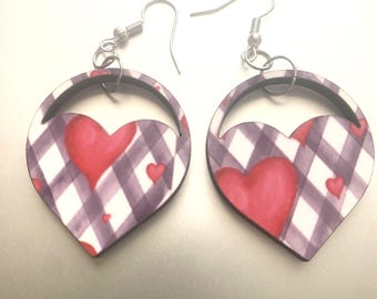 Heart Dangle Earrings | Handmade hearts Statement Earrings | Wood Earrings | 1 1/3" Round Drop Earrings