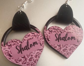 Shalom Heart Dangle Earrings | Handmade pink heart flowered Statement Earrings | Wood Earrings | 1 1/3" Round Drop Earrings