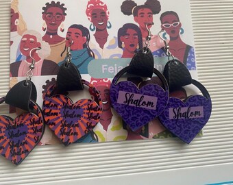 A set of Heart Shalom Earrings | Handmade hearts Statement Earrings | Wood Earrings | 1 1/3" - 2 pair ( purple & purple/ red)