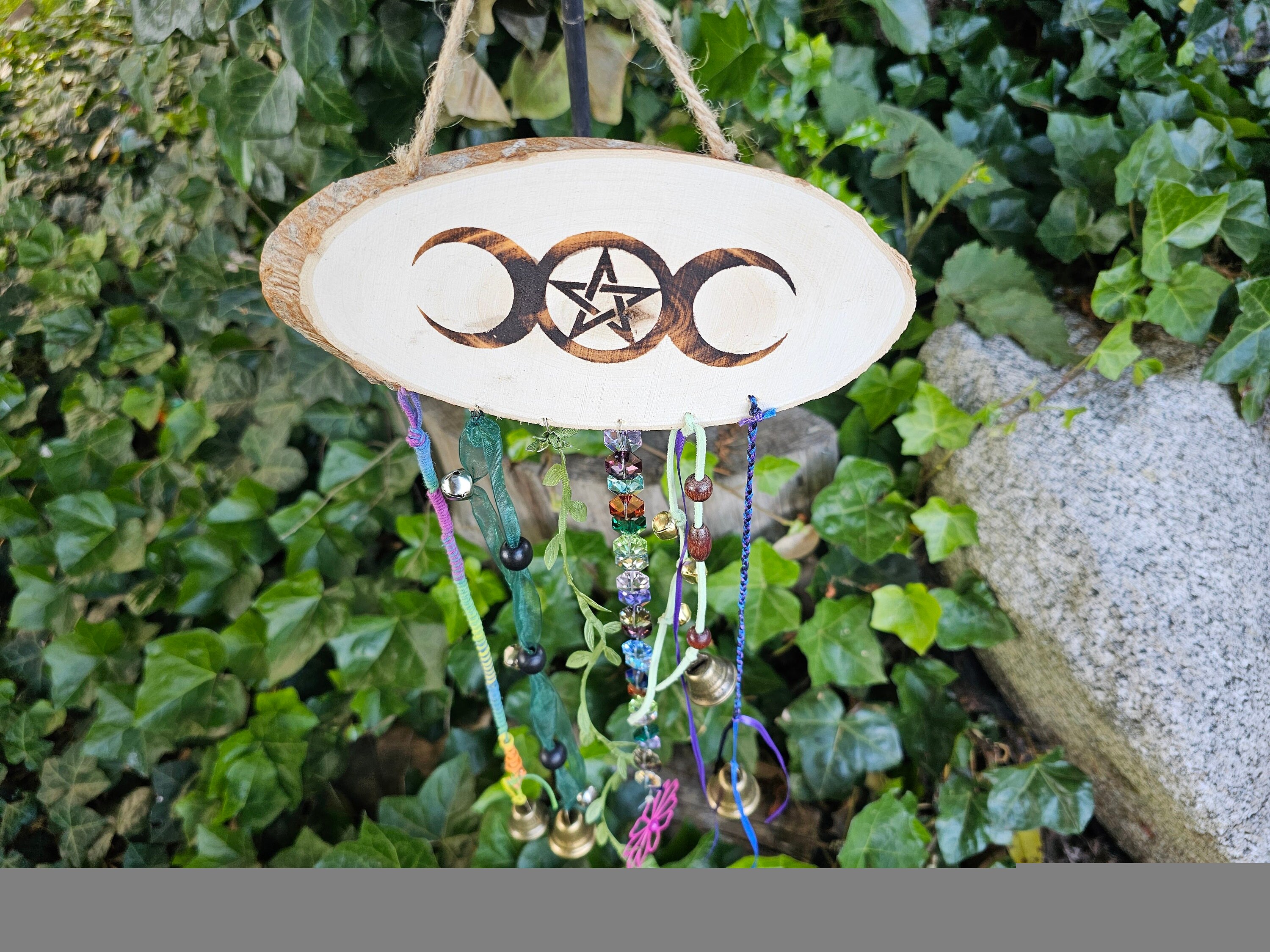 Moon Phases Wood Burned Untreated Wood Slice Witch Bells Hanging Decor ...