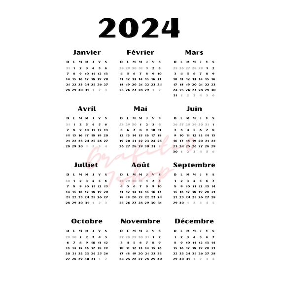 french calendar, french New year calendar png, 2024 calendar png,  transparent background calendar, calendar clipart, instant download