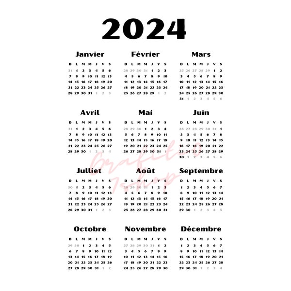 french calendar, french New year calendar png, 2024 calendar png, transparent background calendar, calendar clipart, instant download